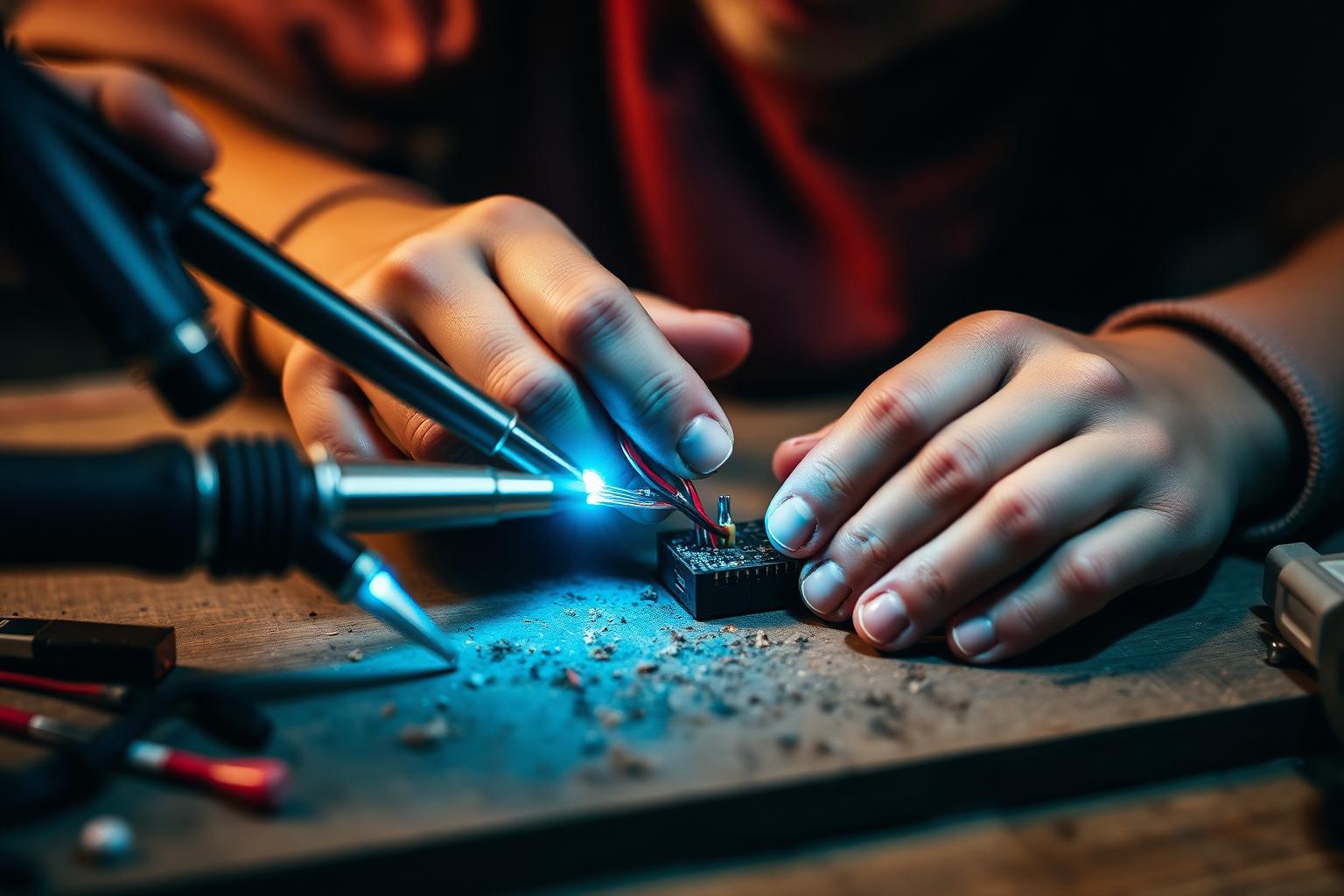 Close-up of a kid's hands soldering a small circuit board, tools scattered on a wooden workbench